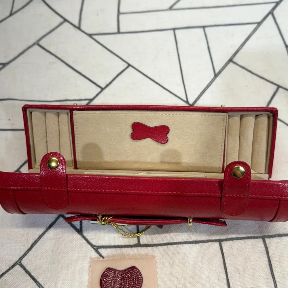 Rowallan Jewelry Roll OS Red Bonded Leather Travel Case Organizer Mirror READ